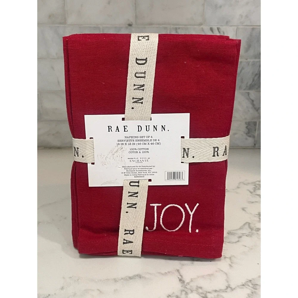 Rae Dunn Joy‎ Napkins Set of 4 Red 18x18 Cotton Holiday Christmas